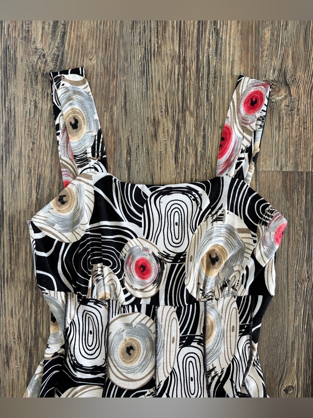 Y2K Bali Sleeveless Midi Dress Size 6 Black White Red Multi Abstract Whimsigoth - Picture 8 of 10